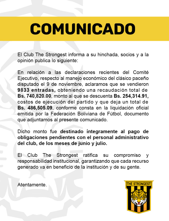 #FútbolBoliviano #Noticias  
#TheStrongest informa mediante un comunicado sobre el monto recaudado en el clásico y el destino que le dio al dinero obtenido por el partido con Bolívar. #PREMIUM