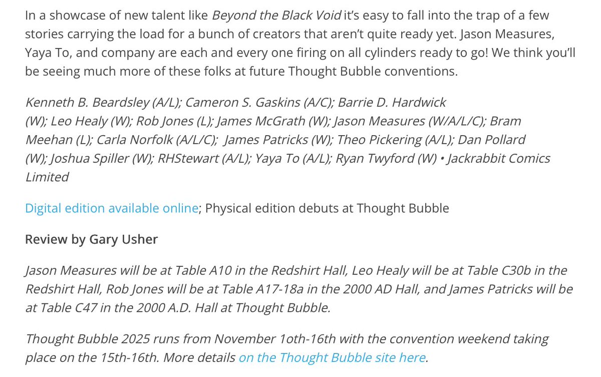 “Everyone firing on all cylinders” 🙌

Review of BEYOND THE BLACK VOID by the fabulous <a href="/brokenfrontier/">Broken Frontier</a> !

I have a short sci-fi story in there, art by the outstanding <a href="/JU5T777/">JU5T (Working Projects)</a> , who was a runner-up in last year’s <a href="/2000AD/">2000 AD Comics</a> art competition!👌