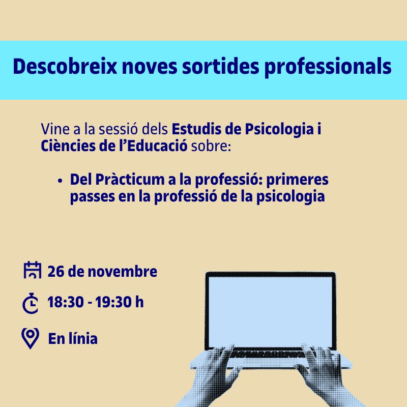 📣 Com aprofitar el pràcticum del grau de #Psicologia per començar a construir el teu perfil professional?

🙌 Descobreix-ho en la sessió que organitzem des dels <a href="/UOCpsicoedu/">UOC PsicoEdu</a> en el marc del Cicle CONNECTA!

🗓️ 26/11 | 18:30h
💻 En línia
🔗 Inscripcions: uoc.jobteaser.com/ca/events/2680…