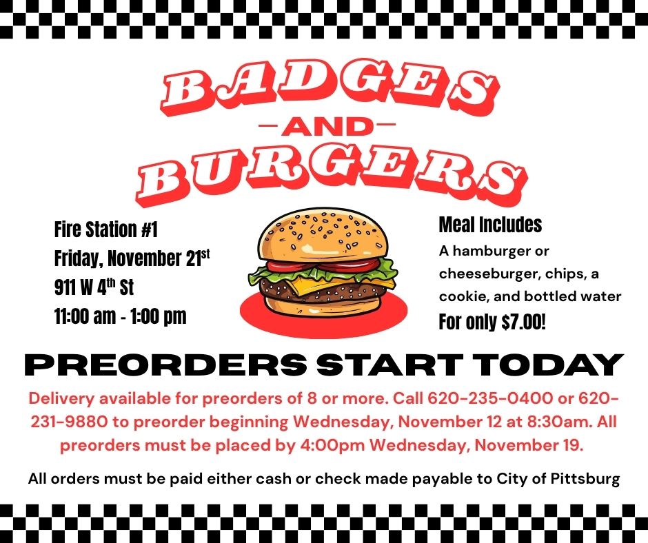 Preorders start TODAY for our Badges &amp; Burgers event on Friday, November 21st from 11 AM to 1 PM at Fire Station #1!
Preorders are for delivery only and available for orders of 8 or more meals.
On the day of the event, you can drive-thru for pickup or dine in!