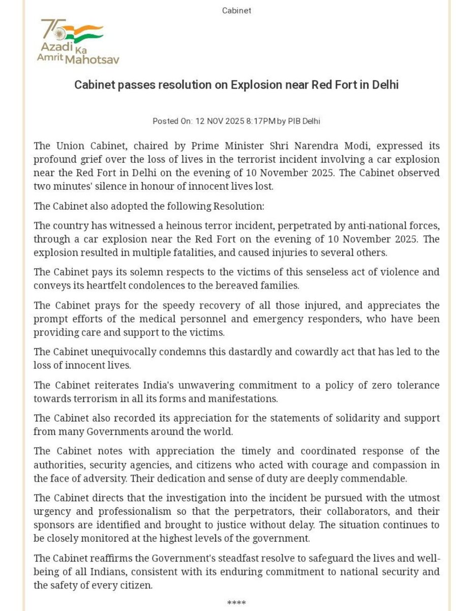 The Indian cabinet passes the resolution on the Delhi Red Fort blast. Terms it as a 'Terror incident