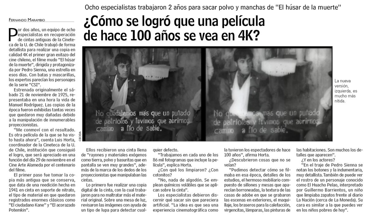 [UCHILE en la Prensa] <a href="/lun/">Las Últimas Noticias</a> destaca el trabajo de la <a href="/uchilecineteca/">Cineteca Universidad de Chile</a> en la restauración de "El Húsar de la Muerte": ¿Cómo se logró que una película de hace 100 años se vea en 4K?