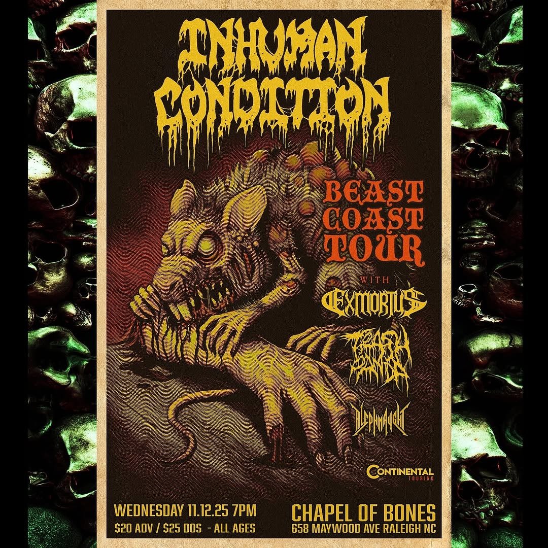 BandInhuman's tweet photo. Raleigh ,
Get on down to Chapel of Bones tonight and thrash with 

Inhuman Condition 
Exmortus 
Trash Panda 

We've got some great merch and we are supporting our newest album "Mind Trap "

LET'S GO !!

#mindtrap #getoffyourass https://t.co/5zuJPO8drS