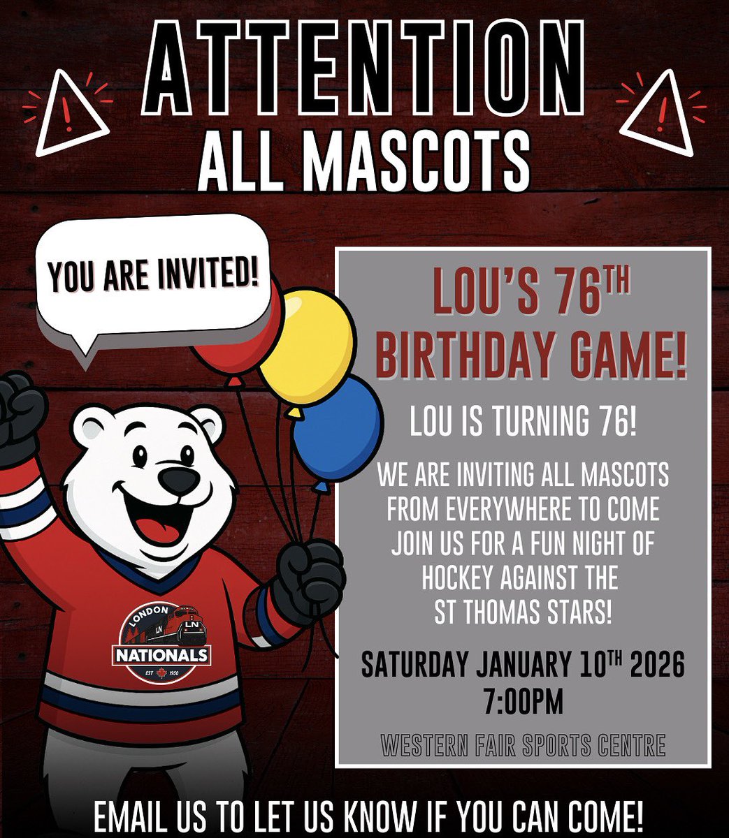 CALLING ALL MASCOTS! 🚨 Join us to celebrate Lou’s 76th birthday! 🎈🐻‍❄️ Sports, school, or work mascots — everyone’s invited for a fun night of hockey &amp; community spirit ❤️
DM us or email social@londonnationals.com to join! #LondonNationals #LousBirthday #Mascots