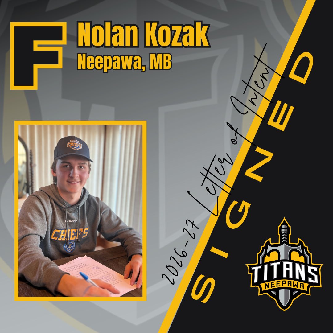 The Titans are happy to announce that 2008 born forward Nolan Kozak, from Neepawa, has  signed a Letter of Intent with the club for the 2026-27 season. 

Please join us in welcoming Nolan and his family to the Titans. 

#GoldAndBlackAttack🟡⚫️⚔️  <a href="/mjhlhockey/">MJHL</a> <a href="/AAAU18Chiefs/">Yellowhead Chiefs Manitoba AAA U18</a>