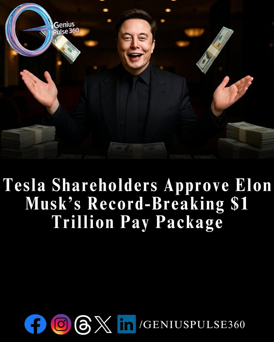 geniuspulse360's tweet image. Tesla shareholders have approved a record-breaking pay package for Elon Musk—potentially worth up to $1 trillion in stock, contingent on bold milestones like 20 million vehicle sales and 1 million robotaxis.
#Tesla #ElonMusk #ExecutiveCompensation #CorporateGovernance #Innovation