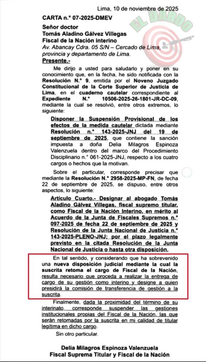 🎯#EDITORIAL : LIBRITOS GÁLVEZ DEBE ENTREGAR EL CARGO

La Acción de Amparo que el Poder Judicial le otorgó a la legítima fiscal de la Nación Delia Espinoza la repone del cargo de manera inmediata. 

En ese sentido la Junta Nacional de Justicia desobedeció una orden judicial lo