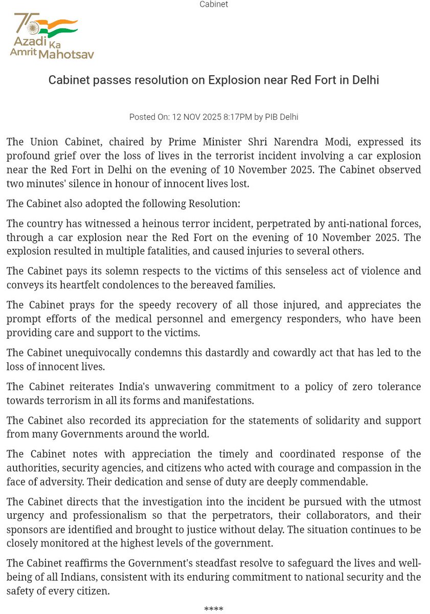 CryptooIndia's tweet photo. BREAKING: 🇮🇳 Indian Cabinet officially declares Delhi blast near Red Fort a terrorist incident. https://t.co/nfPlpdbd78