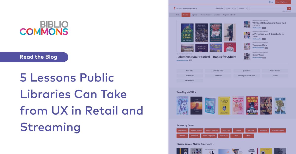 bibliocommons's tweet image. Your patrons already know what great UX feels like; Netflix. Spotify. Amazon. Explore 5 lessons from retail &amp;amp; streaming to help your library create more intuitive, inclusive digital experiences, built on privacy &amp;amp; trust. Read our blog: hubs.li/Q03SNwTK0 #FutureOfLibraries