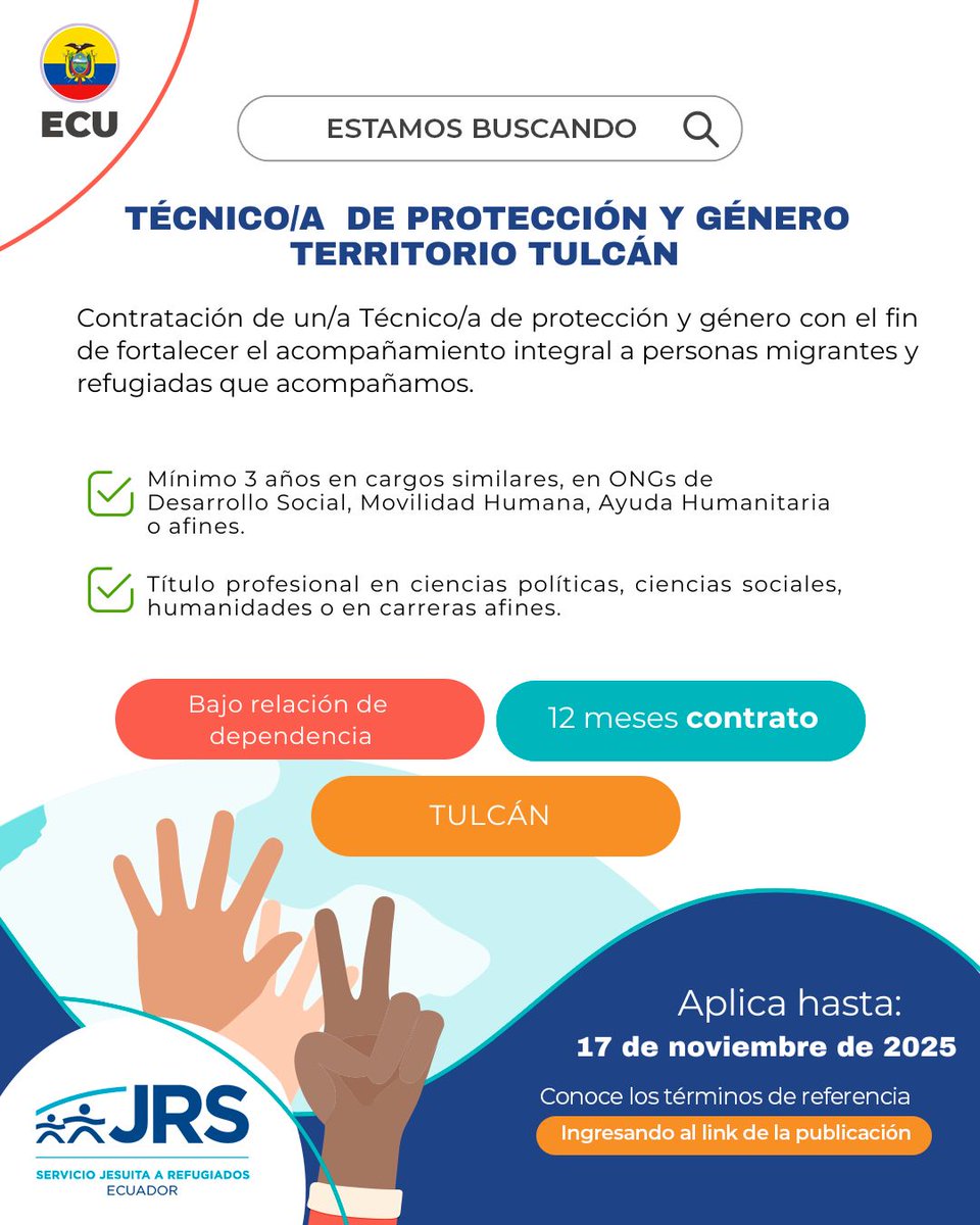 #Convocatoria  🇪🇨| Técnico/a de protección y género territorio Tulcán
🗒Revisa los Términos de Referencia: acortar.link/RL74OT
⏰Envío de propuestas hasta: lunes, 17 de noviembre 2025, 18:00.