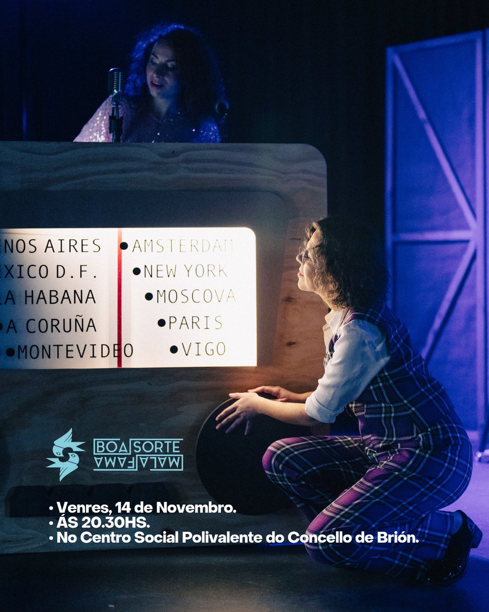 🎭 Esta fin de semana temos dobre cita teatral!

🚢 #BoaSorteMalaFama
📅 O 14 de Novembro.
🕣 Ás 20.30hs.
📌 No Centro Social Polivalente do <a href="/concellodebrion/">Concello de Brión</a>
👁️‍🗨️ Para público adulto.

(1/2)