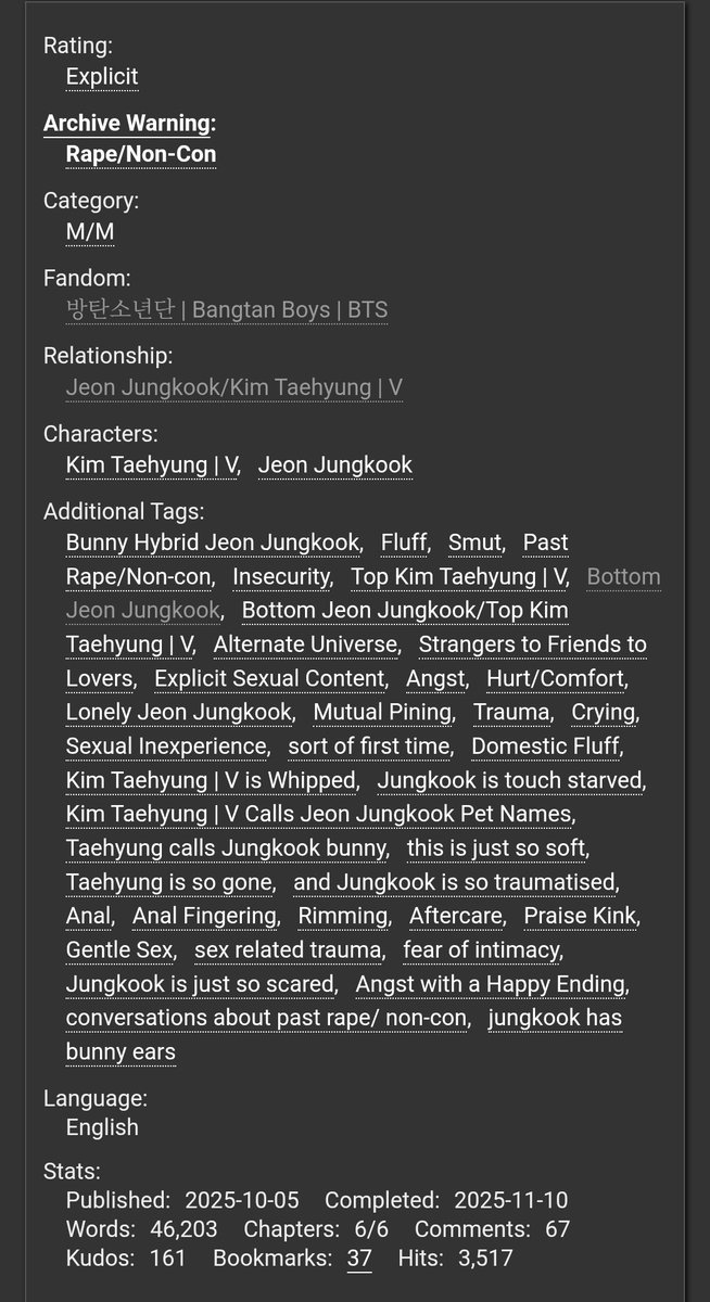 vkook fic rec - Is that okay? by TheWea_ver

❥ bunny hybrid koo x idol tae
❥ 46.2k, complete
❥ past n0n-con‼️(not b/w tk)
❥ strangers to friends to lovers
❥ insecure &amp; hurt koo
❥ angst with a happy ending

🔗: ao3.org/works/71946581…