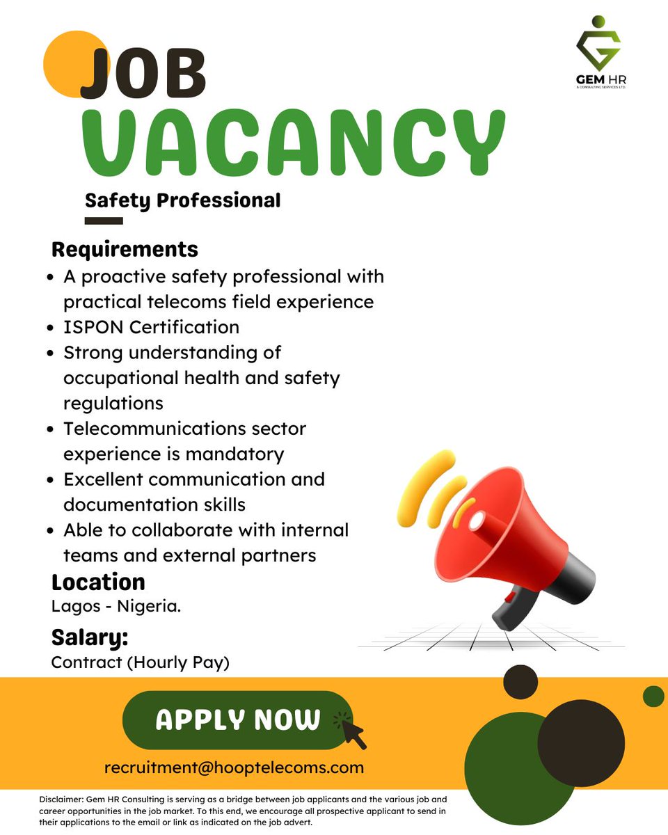 gem_hr's tweet photo. 🔥Urgent Hiring: Safety Professional!🌟Lead and impact the Telecoms Industry! Location: Lagos, Nigeria.💌APPLY: recruitment@hooptelecoms.com⏳Act fast—this opportunity won't last! 👥 Know someone ideal? Tag them! #safetyprofessional #safetyprofessionals #safetypro #safetyexperts https://t.co/WOuP1wARMT