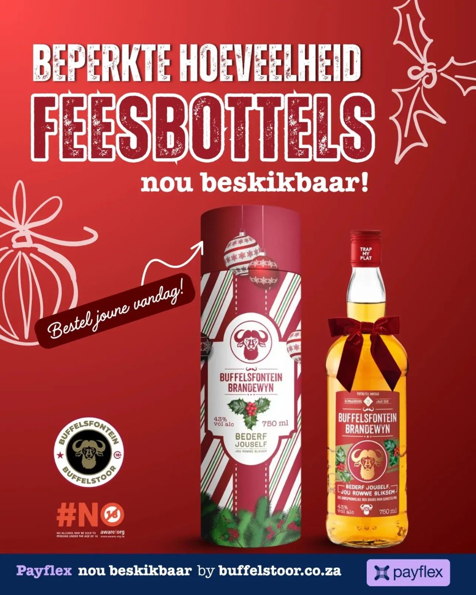 Kersfees is op ons voorstoep! Wil jy iemand spesiaal bederf? Niks beter as 'n bottel Buffelsfontein Brandewyn in sy kerskous nie!

buffelstoor.co.za/products/buffe…

.

.

.

#buffelsfonteinbrandewyn #buffelstoor #kersfees #buffelsfontein