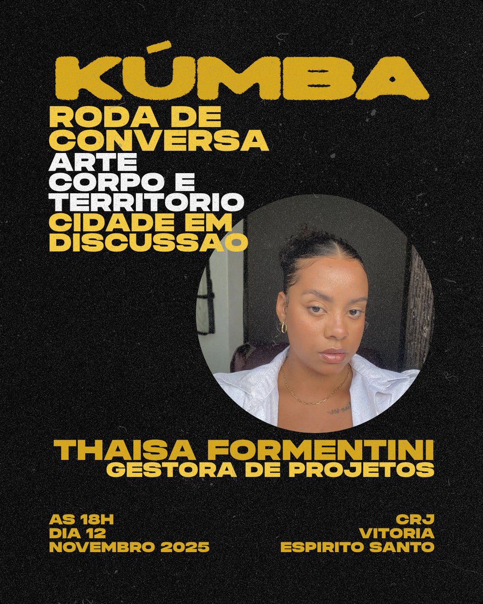 projetoSuburbio's tweet photo. Kúmba 🔥
Cidade em Discussão🌃

Hoje teremos roda de conversa com Diogo Chagas, Pablo Vieira e Thaisa Formentini.

📍 CRJ - Centro de Referência da Juventude (Av. Vitória, 1320, ilha de Santa Maria, Vitória/ES) https://t.co/26im53psVA