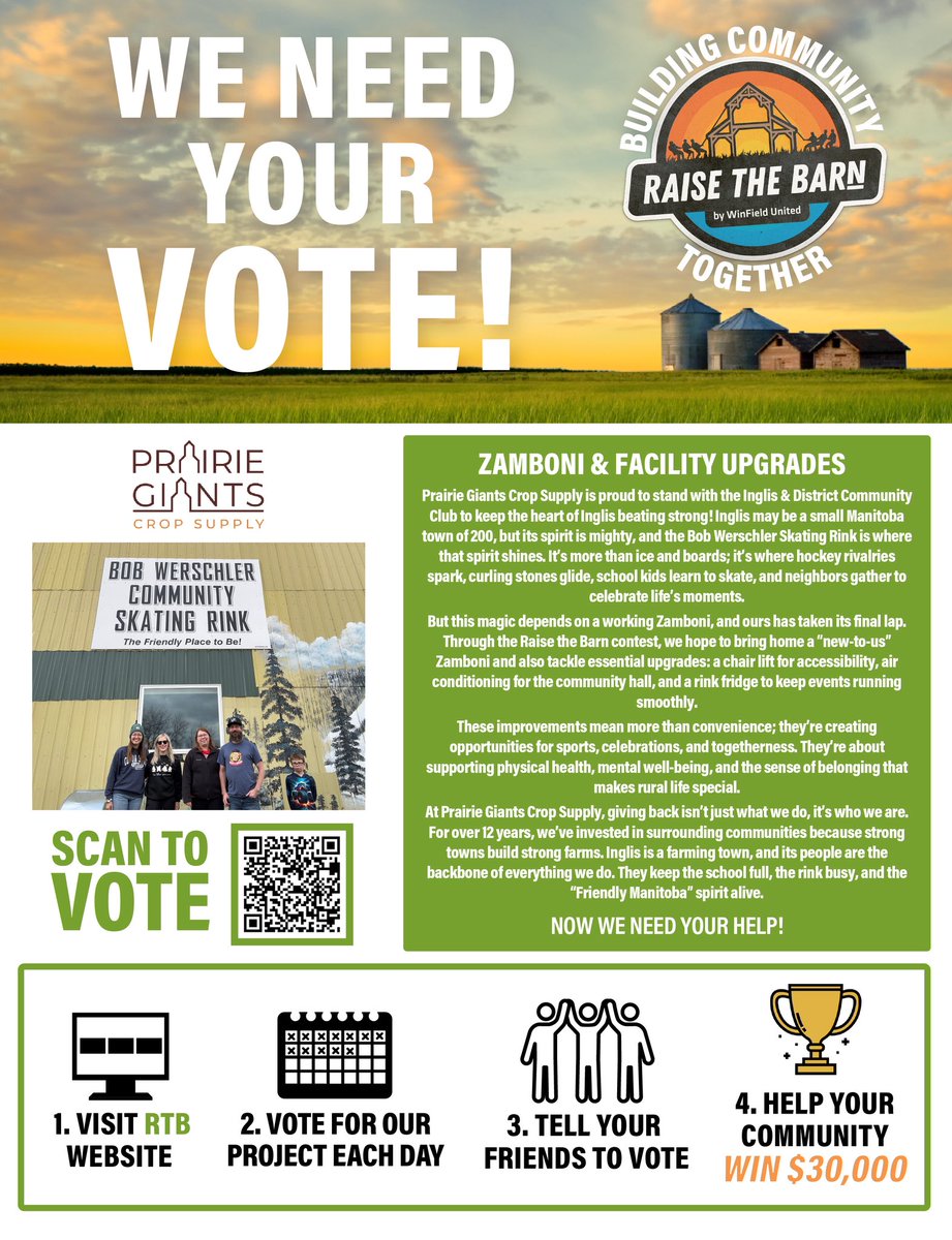 Our Inglis &amp; District Community Club Zamboni &amp; Facility Upgrades is a #RaiseTheBarn winner &amp; we’ve won $10K! Now we’re going for $20K more and we need YOUR votes! Vote DAILY Nov 12-26: raisethebarn.ca