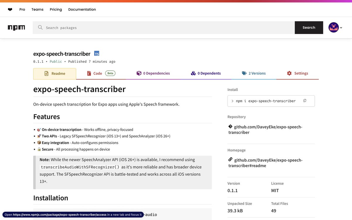1804davey's tweet image. Glad to introduce expo-speech-transcriber!

A react native/expo library for doing on device transcription for iOS using SFSpeechRecognizer and SpeechAnalyzer(iOS 26+)🔥

Links to npm and GitHub in replies 

Built using @expo modules 🔥