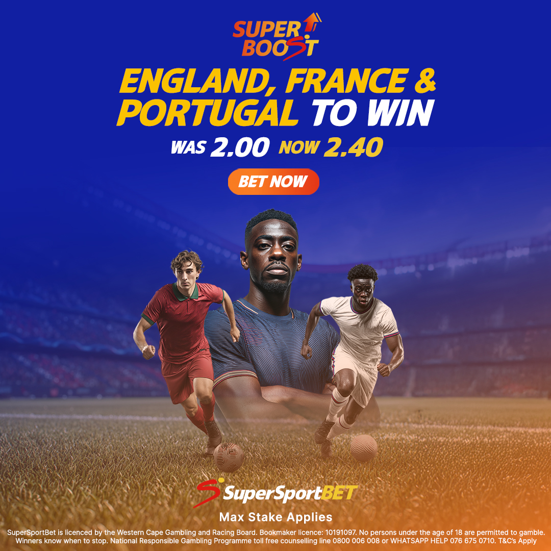 SuperSportBETza's tweet image. Three big matches. One Treble #Superboost.

England 🏴󠁧󠁢󠁥󠁮󠁧󠁿, Portugal 🇵🇹 &amp;amp; France 🇫🇷, the odds for all three to win are boosted from 𝟮.𝟬𝟬 ➡️ 𝟮.𝟰𝟬! 🚀

𝙄𝙏'𝙎 𝙊𝙉 bit.ly/INTtreble to bet on the match. 

#ForTheFans | #SSFootball