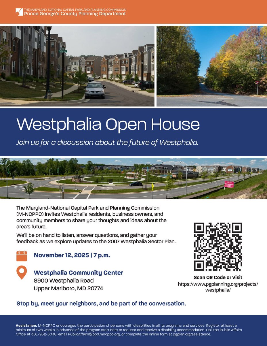 Tonight!!! Join us for an Open House for a discussion on the future of Westphalia! 

Wednesday, November 12
7-8:30 PM
Westphalia Community Center
8900 Westphalia Road, Upper Marlboro, MD 20774

Project Details: pgplanning.org/projects/westp…