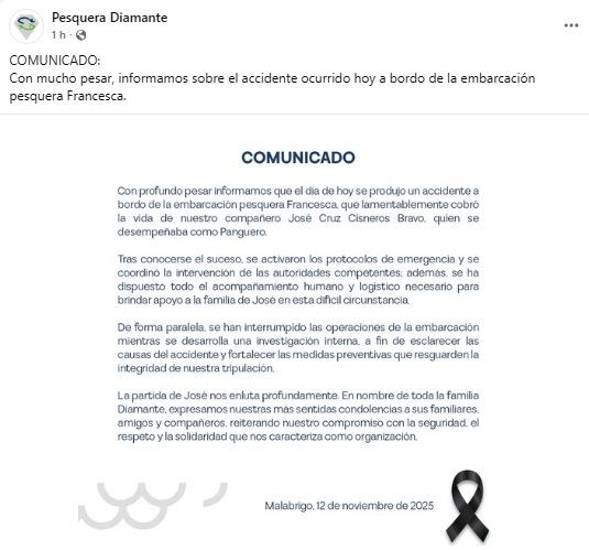 📍 Pesquera Diamante informó que uno de sus pescadores falleció hoy en un accidente a bordo de la embarcación Francesca, en el litoral de #LaLibertad. La nave participa de la segunda temporada de pesca de anchoveta. Se investigan las causas.
✍️ Red regional / <a href="/MaghaliEstrada/">Magali Estrada</a>