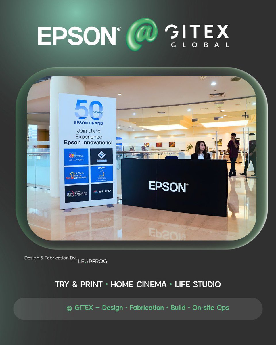 LeapfrogAdv's tweet image. EPSON @ GITEX GLOBAL a live activation focused on real demos.
From hands-on printing to home cinema and portable projection, visitors got to test products, see output, and chat with specialists.

#GITEX #Epson #Activation #LiveDemo #HomeCinema #EcoTank #3LCD #LeapfrogMENA
