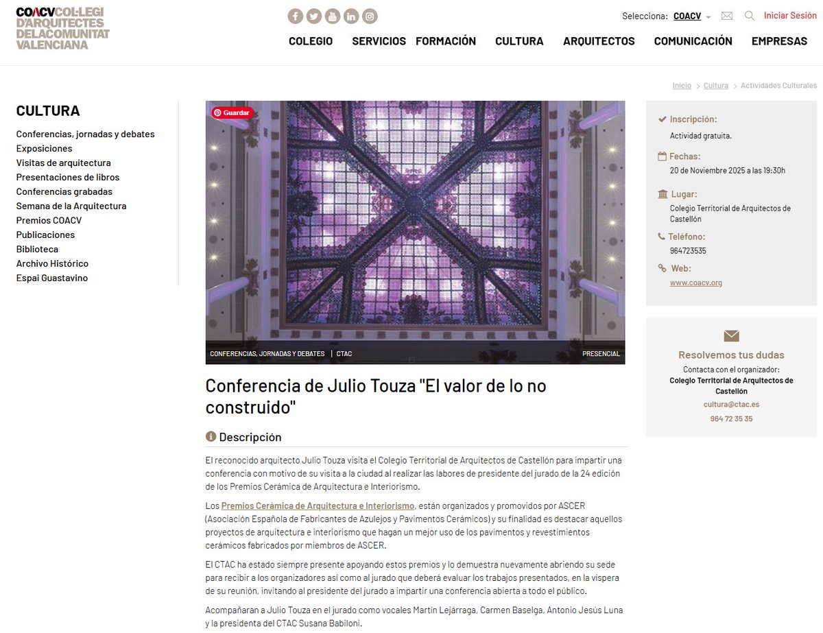 El próximo 20 de noviembre a las 19:30hrs, Julio Touza dará una conferencia en el Colegio Territorial de Arquitectos de Castellón que versará sobre "El valor de lo no construido". 

Más info:

coacv.org/es/actividad-c…