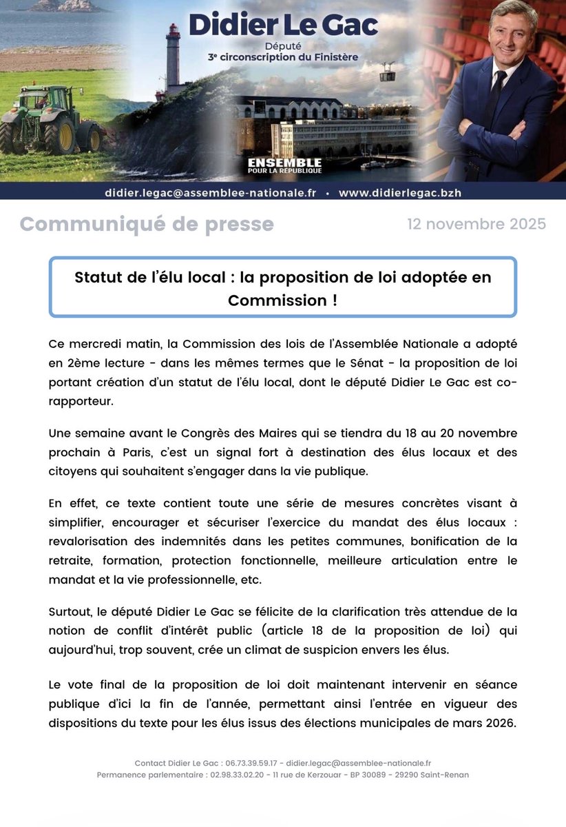Ce matin la <a href="/AN_ComLois/">Commission des lois</a> de l’<a href="/AssembleeNat/">Assemblée nationale</a> a adopté à l’identique le texte de la proposition de loi sur le statut de l’#élu local du <a href="/Senat/">Sénat</a>. Un texte qui contient des mesures concrètes pour améliorer les conditions du mandat des élus locaux. <a href="/l_amf/">AMF | Association des maires de France</a> <a href="/Maires_Ruraux/">AMRF</a> <a href="/FrancoiseGatel/">Françoise GATEL</a>