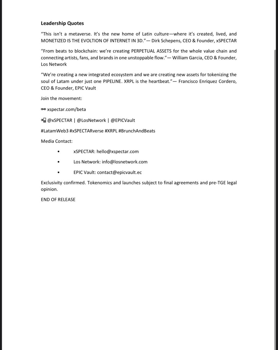 xSPECTAR x Los Network x EPIC Vault

A new alliance bridging Web2 and Web3, bringing global brands, artists &amp; fans into the xSPECTARverse, powered by Latin culture 🇲🇽🇨🇴🇧🇷

Beats to blockchain, fashion to metaverse, immersive experiences connect the soul of LATAM to the world 🧬