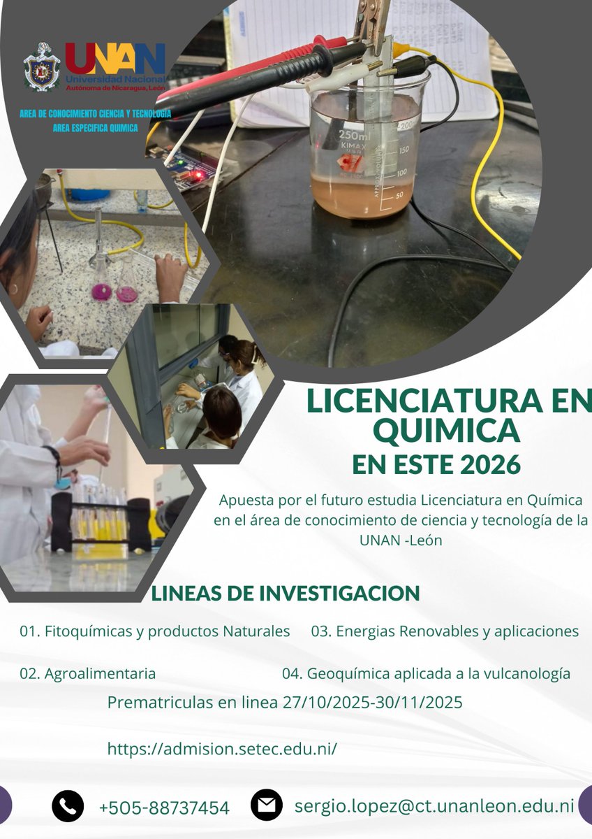 JacobNarvaez10's tweet photo. Se parte de la UNAN-LEON desde la carrera de quimica donde tu curiosidad será tu inspiracion a descubrir nuevos retos 
#mined 
#LeonRevolución 
#setec https://t.co/n0s5KyW3dX