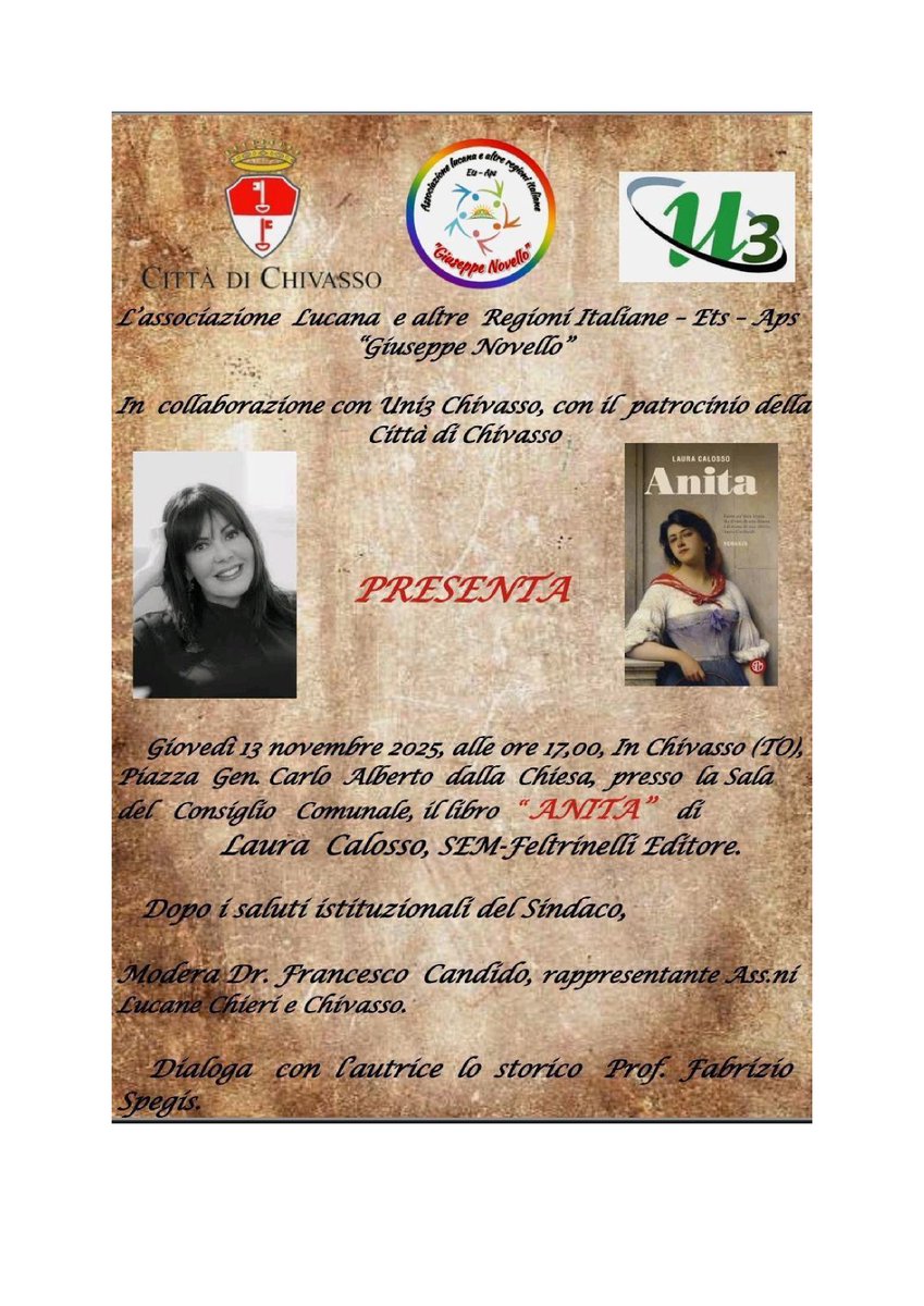 8miste's tweet photo. @comunechivasso @UildmChivasso @AmnestyChivasso @LauraCalosso
 Siete cordialmente invitati alla presentazione del romanzo "Anita" di Laura Calosso che si terrà presso la sala del consiglio comunale a Chivasso il 13 novembre alle ore 17. https://t.co/Yed73NOwAO