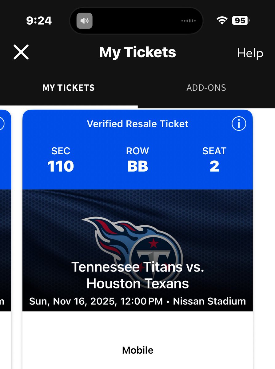 Anyone going to Nashville for the Texans/Titans and need tickets.  

I have 2 tickets Section 110 Row BB seats 1-2 

I had to change my plans and can’t go.  

Make me offer.  

Please retweet so I can get more exposure.