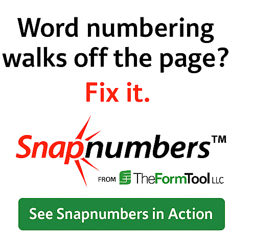TheFormTool's tweet image. If Word’s automatic numbering ever made you want to throw your computer out the window…
Meet Snapnumbers™. The professional fix for a problem Microsoft never solved.

theformtool.com/product/snapnu…

#Productivity #LegalTech #TheProfessionalStandard