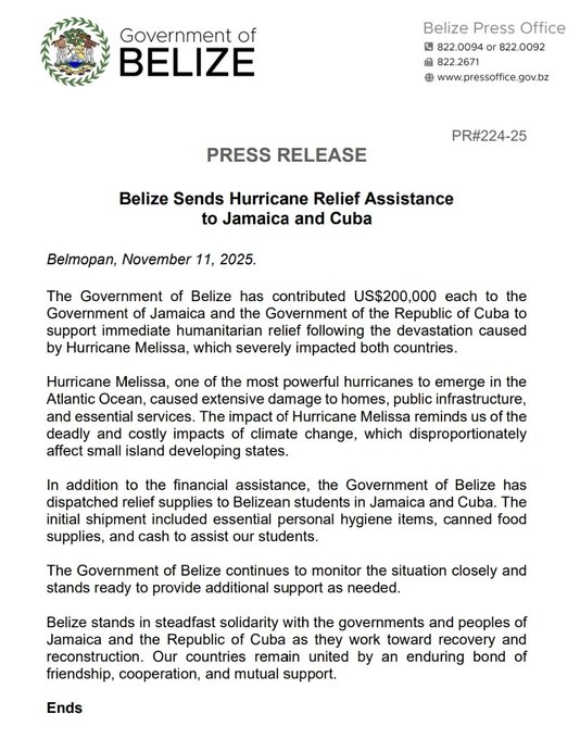Agradecemos al Gobierno de Belice por su donación, que ayudará a los esfuerzos que se llevan a cabo para atender a los damnificados en el oriente de #Cuba, tras el paso del huracán Melissa, y apoyará los trabajo de recuperación de los daños provocados.
