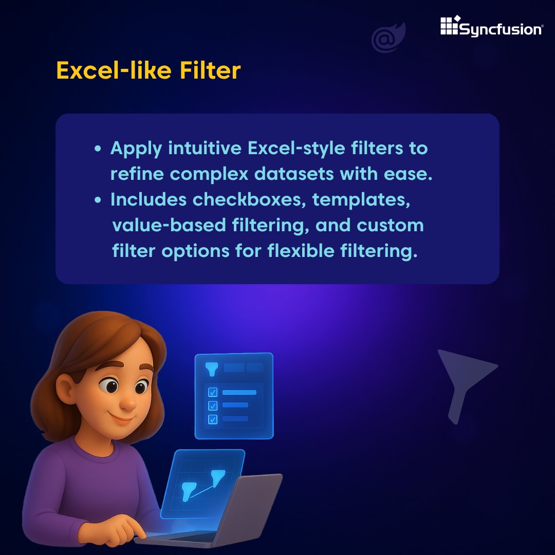 Syncfusion's tweet image. Excel-like Filtering

Apply powerful Excel-style filters to refine large datasets with ease.
Use checkboxes, templates, and custom filters for total flexibility.

Flexible filtering that adapts to your workflow 👇

#Blazor #DataGrid #Filtering