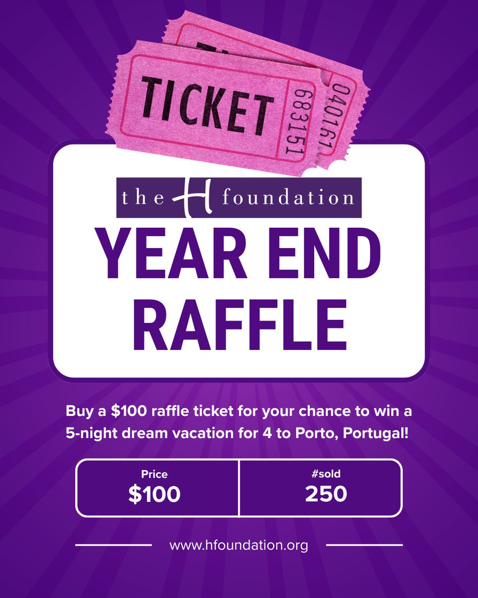 The_HFoundation's tweet photo. Make a Difference &amp; Win a Dream Getaway! Buy a $100 raffle ticket for your chance to win a 5-night dream vacation for 4 to Porto, Portugal! Only 250 tickets will be sold — every ticket supports cancer research. Get your ticket now: https://t.co/jpBa9MmBCO #thehfoundation https://t.co/6LmJxXJAjF