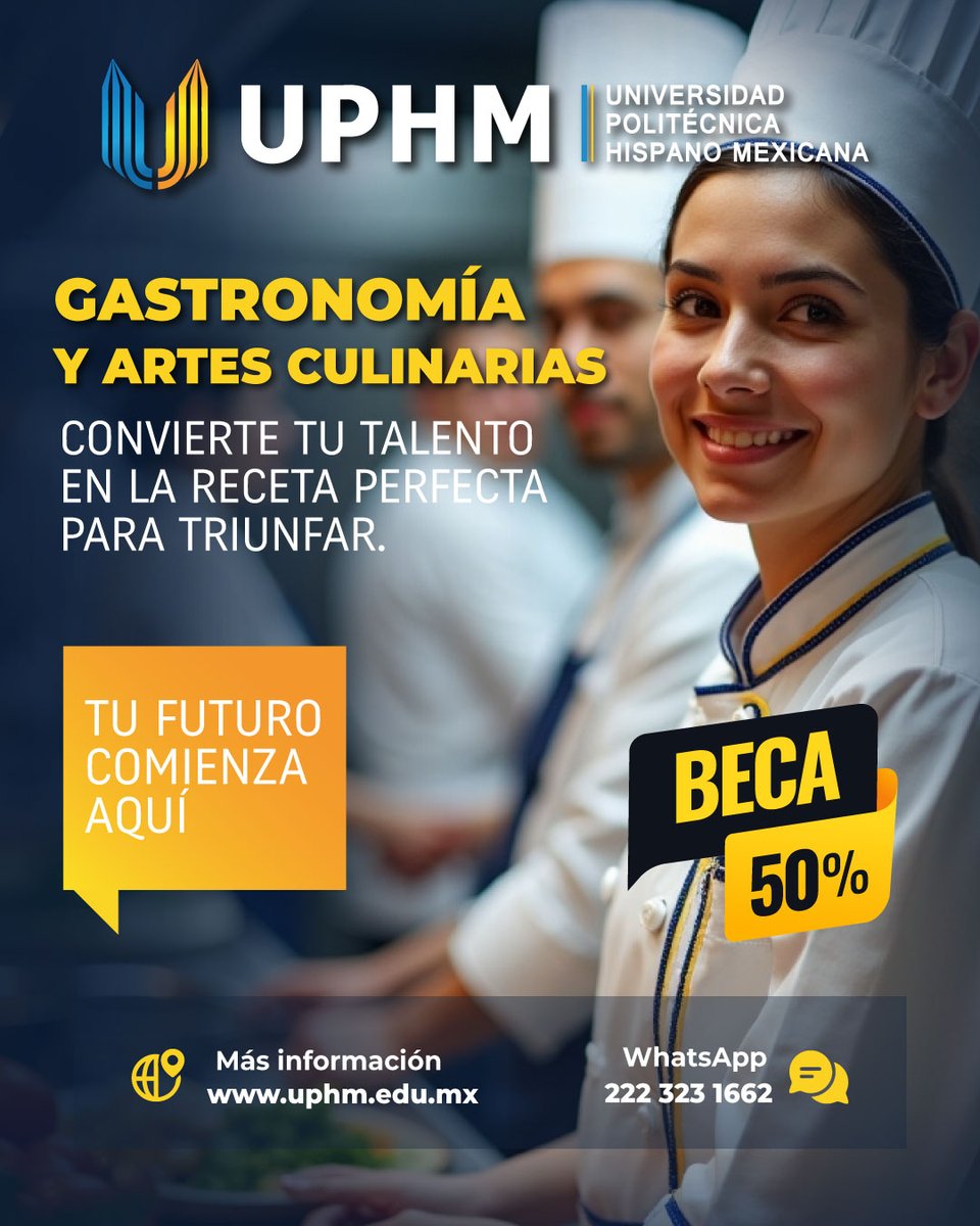 Forma parte de una generación que transforma los ingredientes en experiencias únicas.
🎓 Inscríbete en Gastronomía y Artes Culinarias #UPHM
¡El siguiente gran chef puedes ser tú!