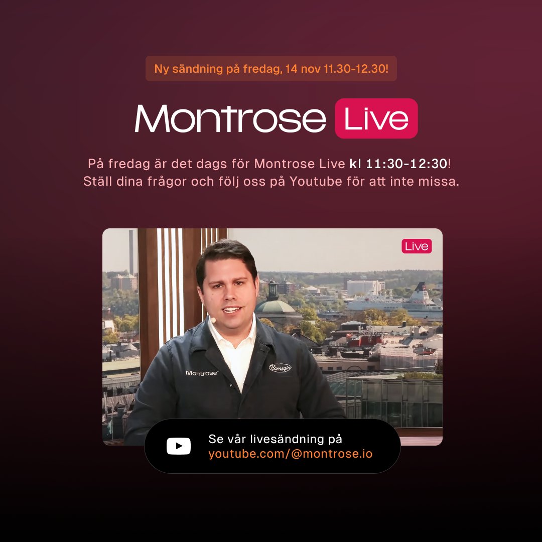 Snart är det dags för månadens Montrose Live!  
På fredag kl 11.30–12.30 är det dags igen för Montrose Live på YouTube med <a href="/Investeraren/">Nicklas Andersson</a>, som tillsammans med vår produktägare <a href="/Olof__Andersson/">Olof Andersson</a> och kundansvarige Alexander visar upp senaste nytt på Montrose och svarar på dina frågor