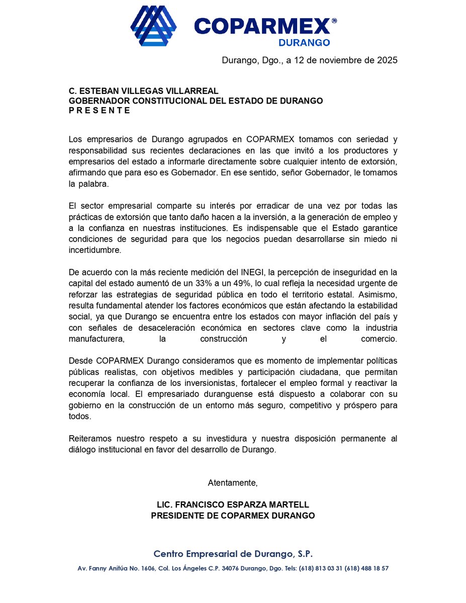 Posicionamiento de COPARMEX Durango ante los llamados del Gobierno Estatal para atender la extorsión en Durango.

#Durango #Coparmex #EmpresariosUnidos