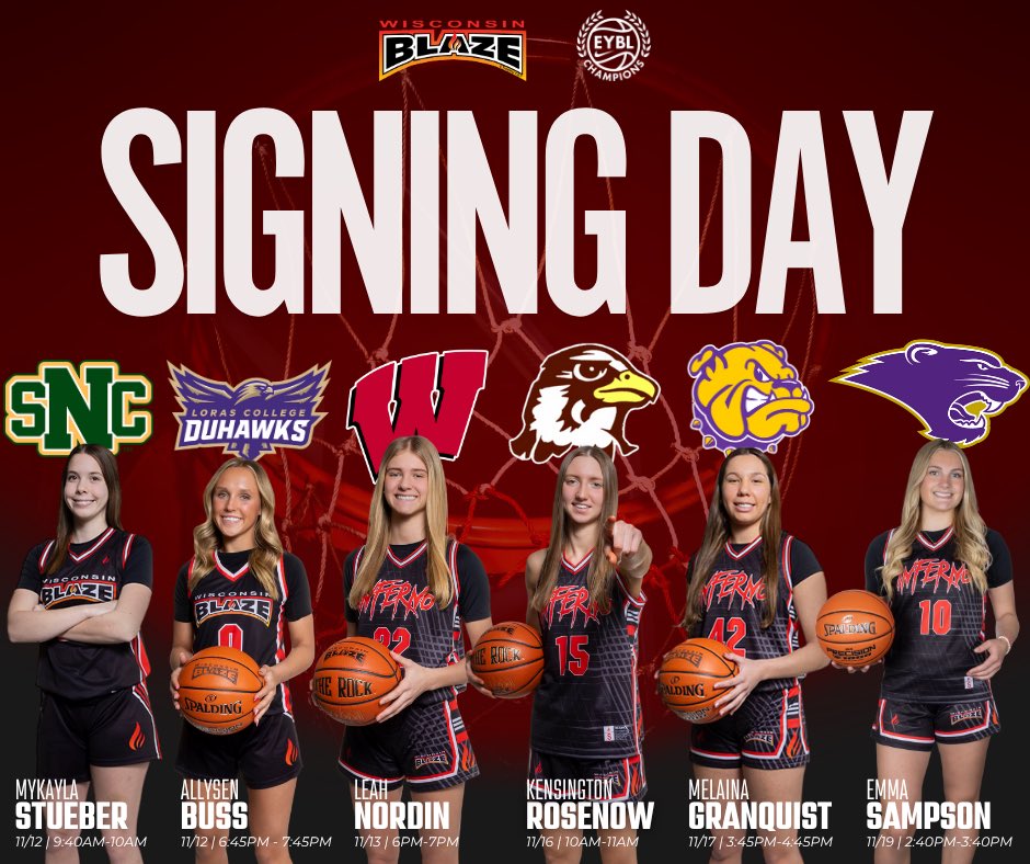 Our FIRST WAVE of Female <a href="/WisconsinBlaze/">Wisconsin Blaze Girls Basketball</a> 2026 athletes signing this year to compete 🏀 as a collegiate student athlete #BlazePath <a href="/BlazeSports_/">Blaze Sports</a>  #Blessed #ProudCoach #SigningDay 

🔥Mykayla Stueber
<a href="/MyKaylaStueber/">MyKayla Stueber</a> 
Stratford, WI
Saint Norbert College (WI)
<a href="/SNCWBB/">St. Norbert College Women’s Basketball</a> 
NCAA D3