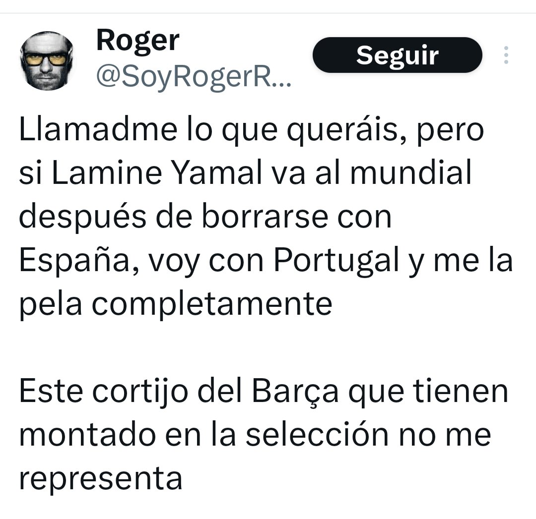 <a href="/SoyRogerRMCF/">Roger</a> Quejarte de que en la selección española hay muchos jugadores del Barcelona, cuando el Real Madrid NO apuesta por los jugadores españoles, es ser un hipócrita de manual y un fanático enfermizo