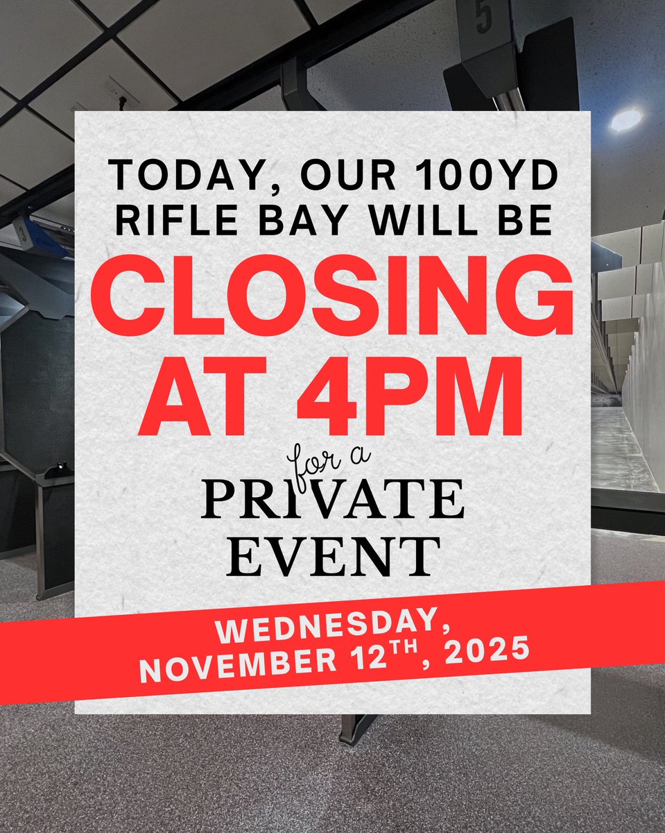 CopenderoRange's tweet image. 📣 Heads up, Copendero shooters! 

Our 100yd rifle bay will be closed today from 4PM–CLOSE for a private event.

✅ 25-yard firearm range → OPEN all day
✅ Archery range → OPEN all day

Thank you for understanding!

#CopenderoRange #PrivateEvent #ArcheryFun #100Yards #RangeLife