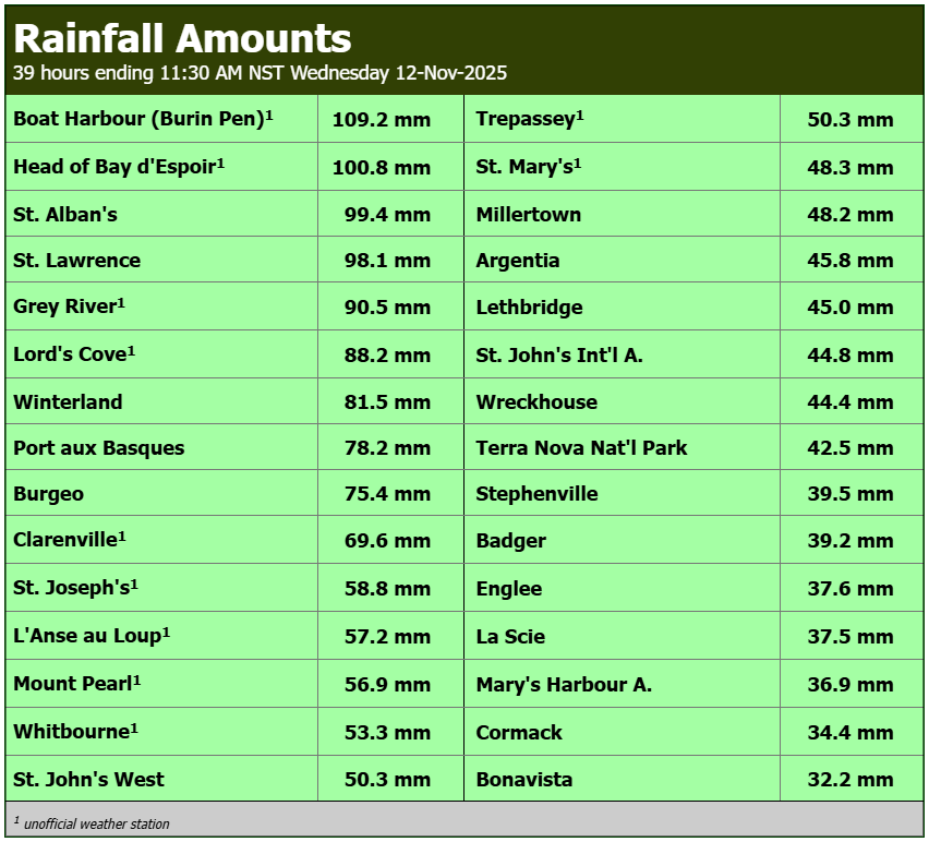 rcbstormpost's tweet image. 🌧️💨 Rain and wind ruled the day on Remembrance Day across the island and SE Labrador, with gusts still going strong into this morning for some areas. A few lingering showers remain, but precipitation has eased for the most part. #nlwx