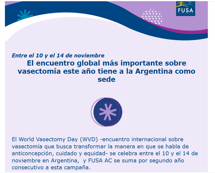Qué lindo FUSA ($$$$ de afuera) festejando que un país donde cada vez nace menos gente sea sede d un congreso sobre vasectomía. Ya tuvimos una ministra d Salud q alentaba a chicos de 16 a la esterilización definitiva... Su resentimiento con la vida se lo trasladaba a la sociedad