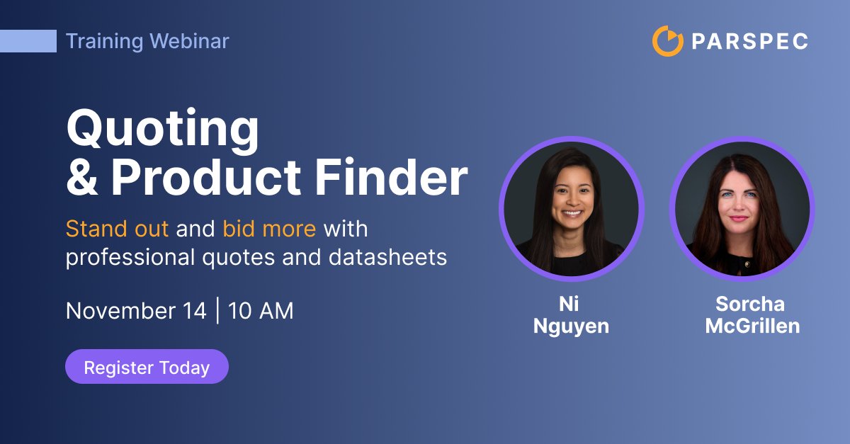 hello_parspec's tweet image. 📅 Parspec Training Webinar: Quoting + Product Finder
Ready to get more from Parspec?

Join our next live training webinar and learn how to make the most of Parspec’s tools to simplify your workflow and win more projects
👉 Register now to save your spot: hubs.ly/Q03SN4cq0