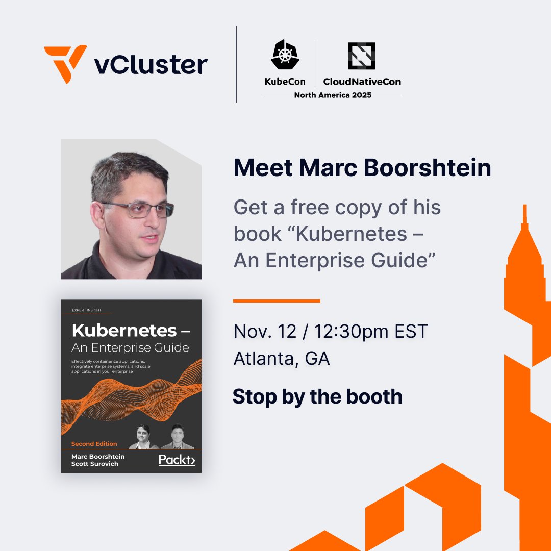 vcluster's tweet image. Meet @mlbiam today at 12:30 PM EST!
He’ll be signing free copies of “Kubernetes – An Enterprise Guide” and discussing how enterprises can scale and secure Kubernetes at scale.

📍 Booth #421 | L1, Hall B3–B5
#KubeCon #CloudNativeCon #vCluster #Kubernetes