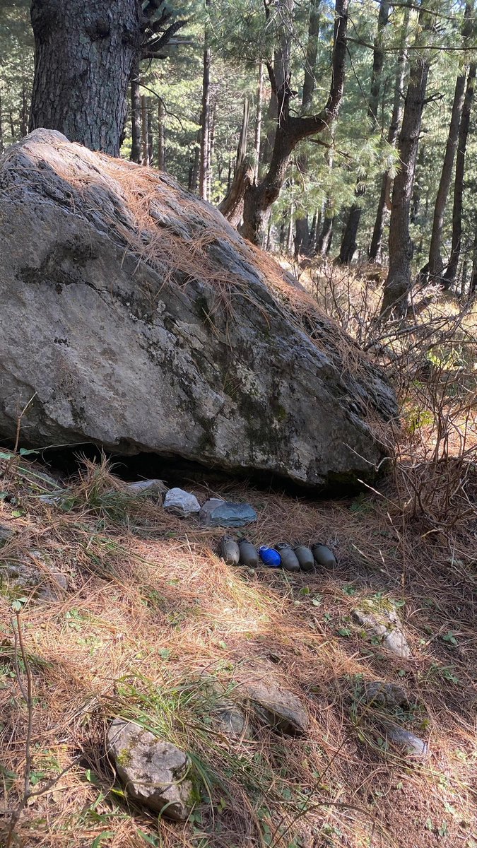 Based on specific intel input a joint search operation was launched by Indian Army,  Jammu &amp; Kashmir Police &amp; BSF at Jabri Forest, Tangdhar, Kupwara | 6 Grenades were recovered from a hideout in the forest which were destroyed in situ.