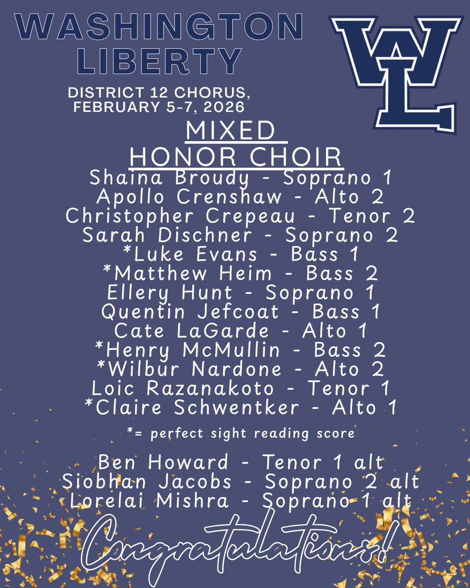 Go GENERALS! District 12 All-District Mixed Chorus.
<a href="/WLHSAthletics/">Generals</a> <a href="/GeneralsPride/">Washington-Liberty HS</a>