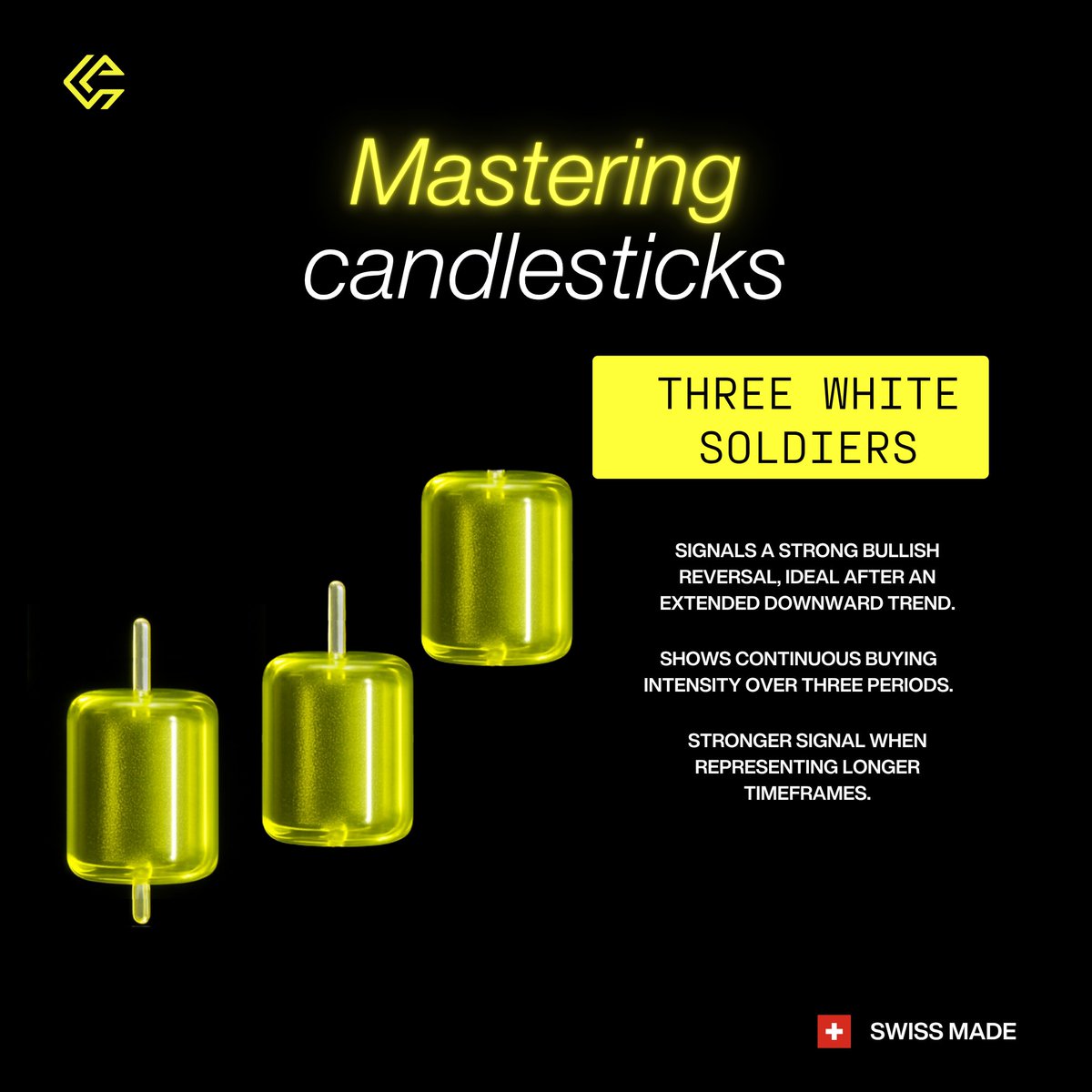CFTacademy's tweet image. The Three White Soldiers pattern signals a strong bullish reversal, a shift in market momentum after a prolonged downtrend.

Three consecutive bullish candles = consistent buying strength.