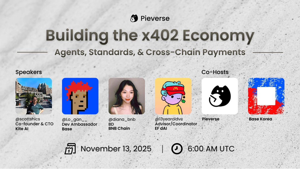 Join us for a special AMA: Building the x402 Economy—Agents, Standards, &amp; Cross-Chain Payments. Co-hosted by <a href="/daehan_base/">Base Korea</a>.

We’ll be diving into gasless, auditable, compliance-ready payments and real use cases across Web3.

Featuring:
🎙️ <a href="/scottshics/">Scott Shi - e/acc</a> | <a href="/GoKiteAI/">KITE AI</a>
🎙️ <a href="/Lo_gan__/">_logan.base.eth</a> |