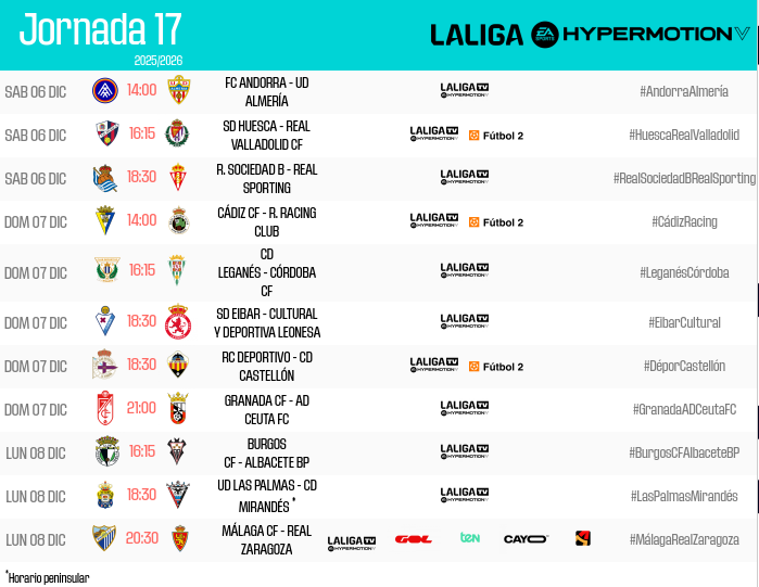 LaLiga2's tweet image. MODIFICACIÓN | Como consecuencia de los emparejamientos del sorteo de la 2ª eliminatoria de Copa del Rey:

El #MirandésRealSociedadB de la jornada 16 se jugará el 30/11 a las 18:30 h.

El #BurgosCFAlbaceteBP de la jornada 17 se jugará el 8/12 a las 16:15 h.